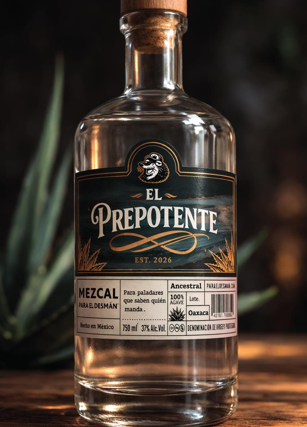 Botella de El Prepotente, mezcal ancestral de tepextate, sobre una barra de madera