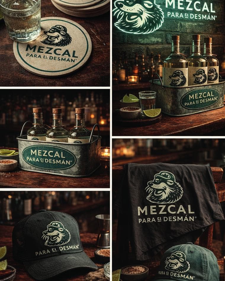 Gorra, portavasos y cajas con la marca Desmán